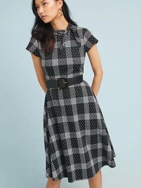 Maeve for Anthropologie Zoe Plaid Dress in Black Motif Size M